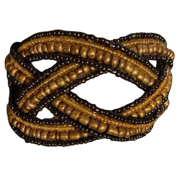 Cuff Bracelet Copper and Black Vintage Woven Beaded Adjustable One Size - Picture 2 of 6